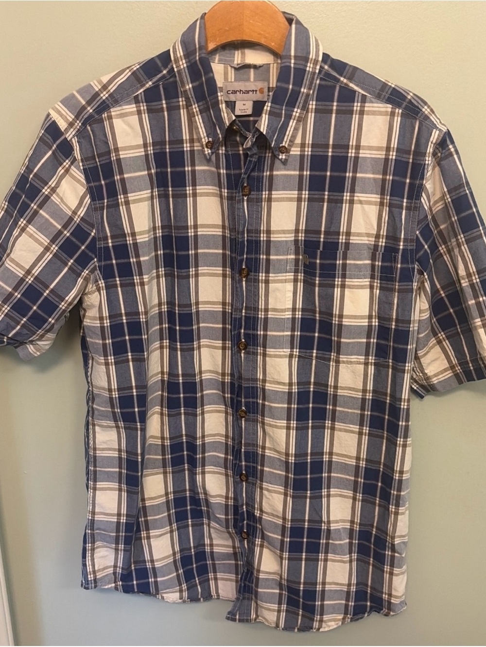 Carhartt Navy and White Plaid Short-Sleeve Button-Down Shirt